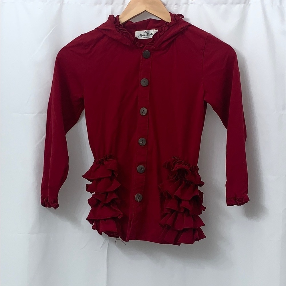 Marie Nicole Clothing Girls Red Ruffle Hooded Button Front Cardigan Jacket 10Y